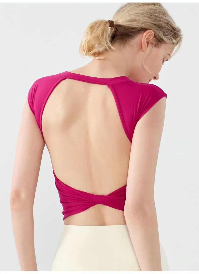 Rückenfreies Sporttop für Damen im Sommer, stoßfeste Pilates-Yoga-Anzüge für kurzärmelige, schnelltrocknende Fitnessanzüge. – Detail 2