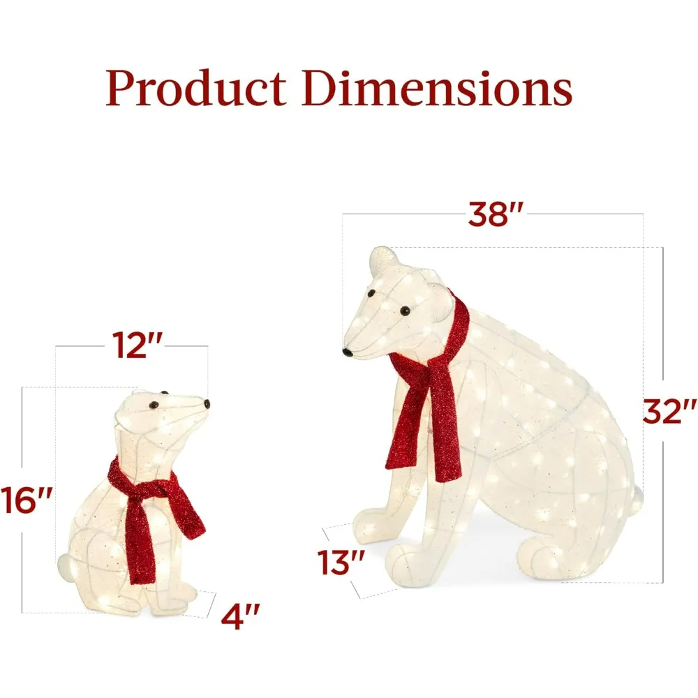 2-Piece Lighted Polar Bear Family, Pre-Lit Outdoor Christmas Décor with 145 Pre-Strung LED Lights, Zip Ties, Ground Stakes