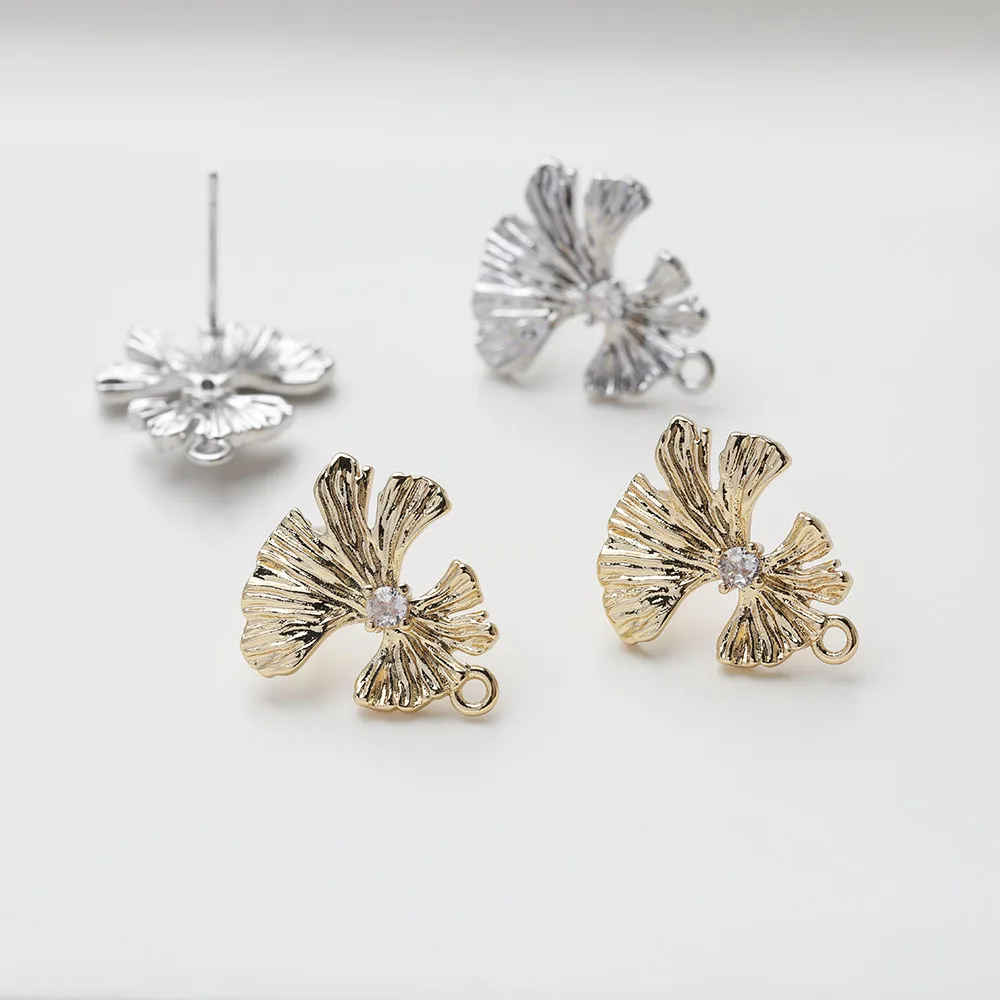 4PCS 14K Gold Plated Gingko Leaf Inlaid Zircon Earrings Ear Stud DIY Making Supplies Jewelry Material Accessories