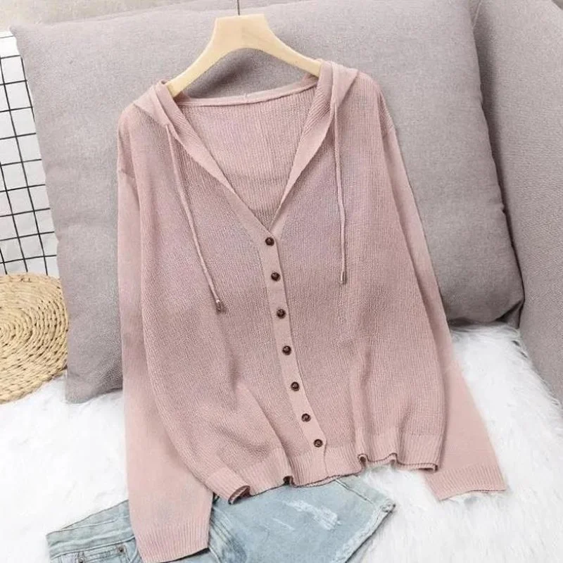 

Women's Hoodie Spring Summer Knit Cardigan Coat Women's Hooded Top Sweater Thin Hollow Out Sun Protection Jacket Korean Fashion