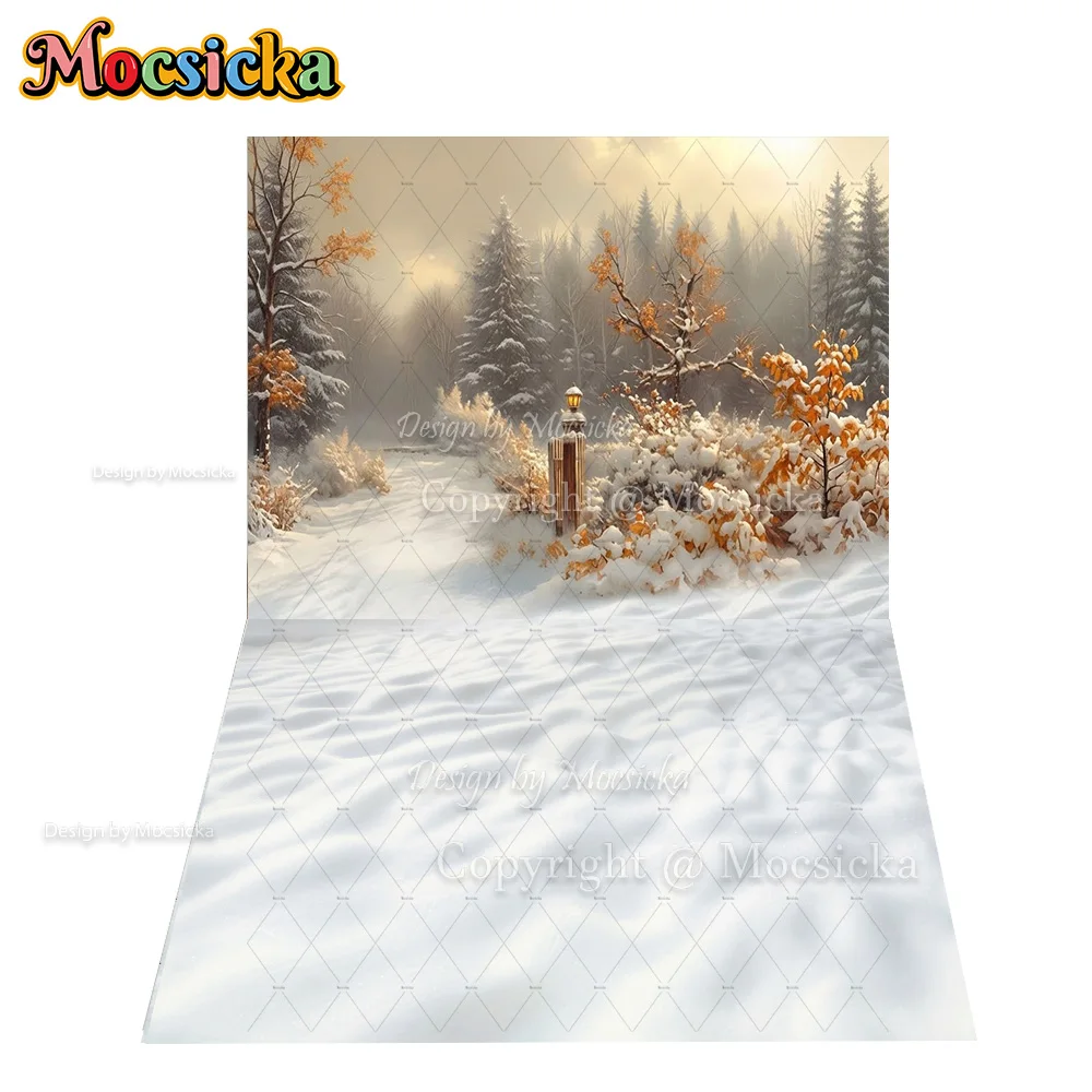 Mocsicka Winter Snowy Forest Backdrop Photography Wooden Fence Snowy Path Pine Tree Background Christmas Family Portrait Studio