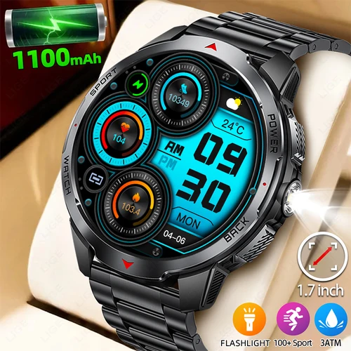 LIGE nuevo reloj inteligente con batería de gran capacidad de 1100mAh para hombres, linterna LED deportiva, brújula, 3ATM, resistente al agua, llamada Bluetooth, reloj inteligente