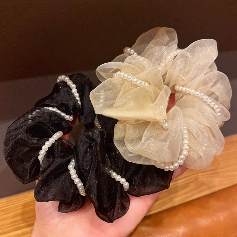 

Korea Fashion New Sweet Pearl Large Intestine Hair Ties Ring Organza Temperament Elastic Head Rope Accessories Wholesale