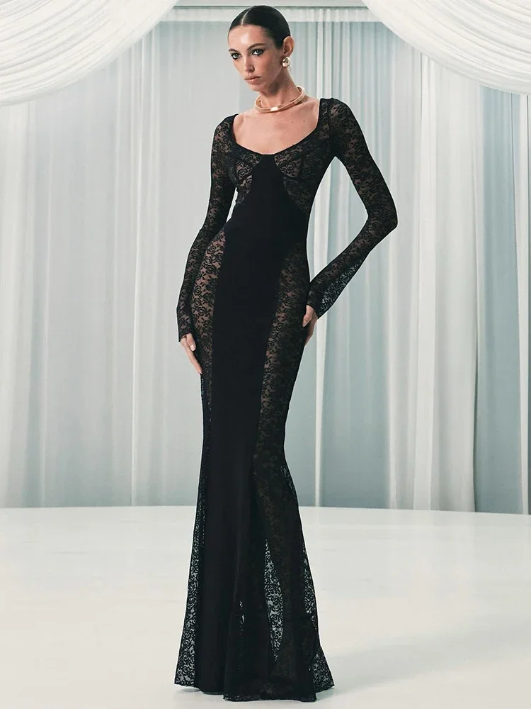 

Lace See Through Sexy Maxi Dress Women Gown Elegant Sheer Patchwork V Neck Long Sleeve Bodycon Club Party Long Dresses