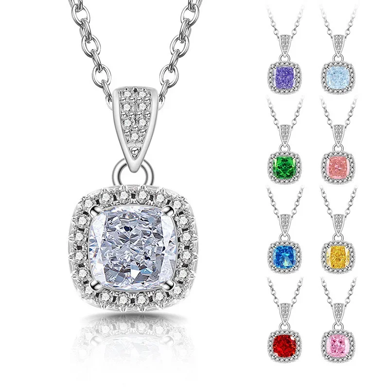 925 فضة بسيط قطع زهرة الجليد كريستال الزركون الأميرة حقيبة مربعة قلادة عيد ميلاد الذكرى حفل زفاف هدية