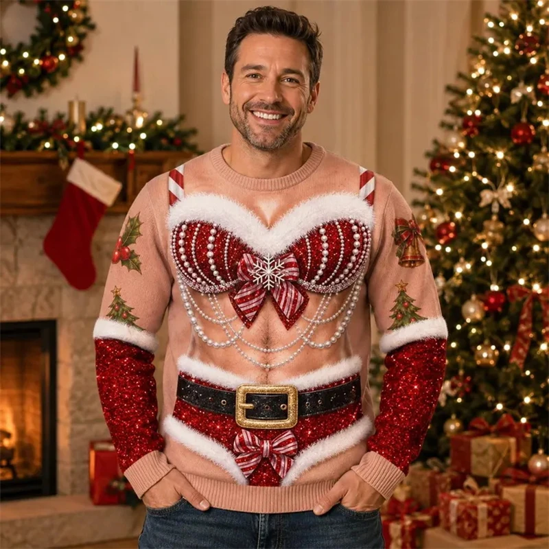 Lustiger Muskel-Weihnachtsmann-Sweatshirt für Herren, 3D-Druck, Herbst-Winter-Ugly-Sweater, Festtagskostüm, Pullover-Oberteile für Herren – Detail 10