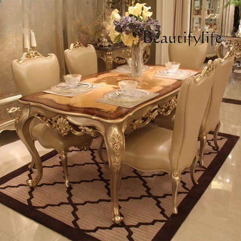 rectangular dining table and chair combination French wood surface parquet dining table  one table and six chairs