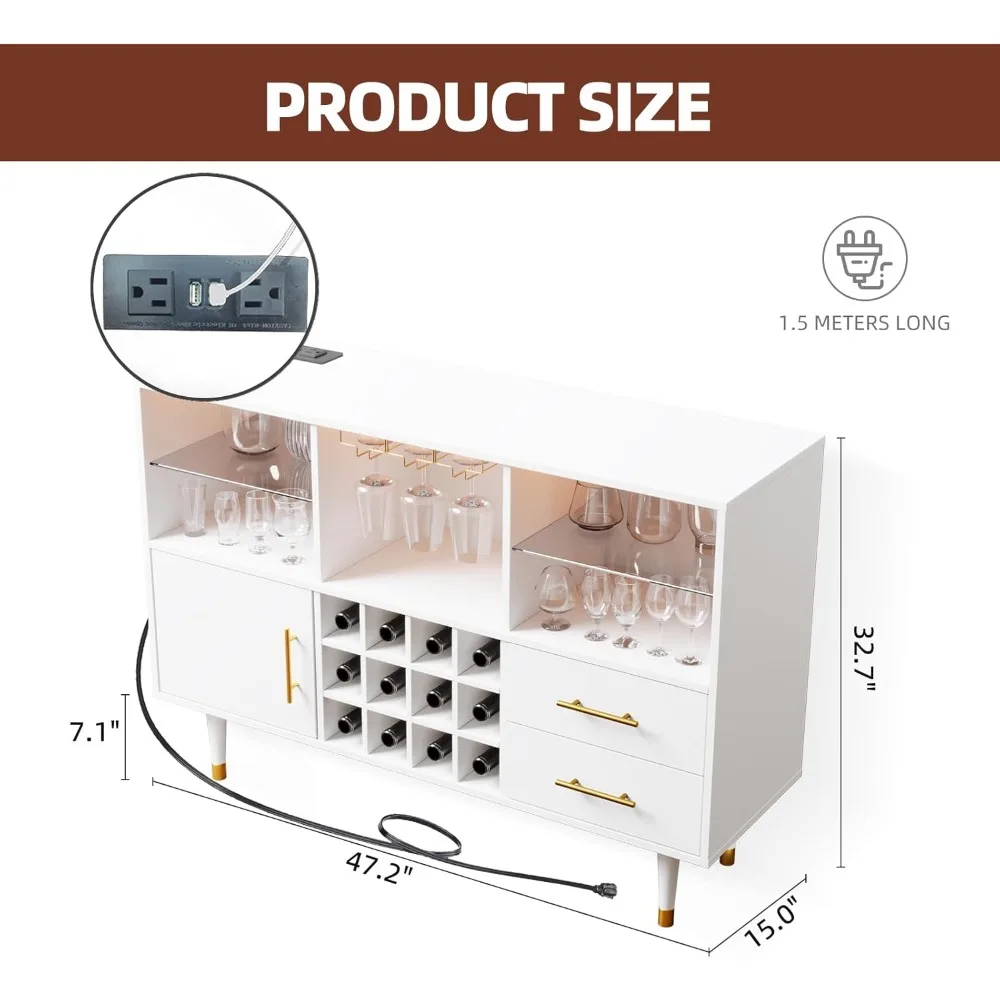 Armário de bar com estação de carregamento LED, buffet e aparador - ideal para bares de café e vinho, 47 polegadas branco
