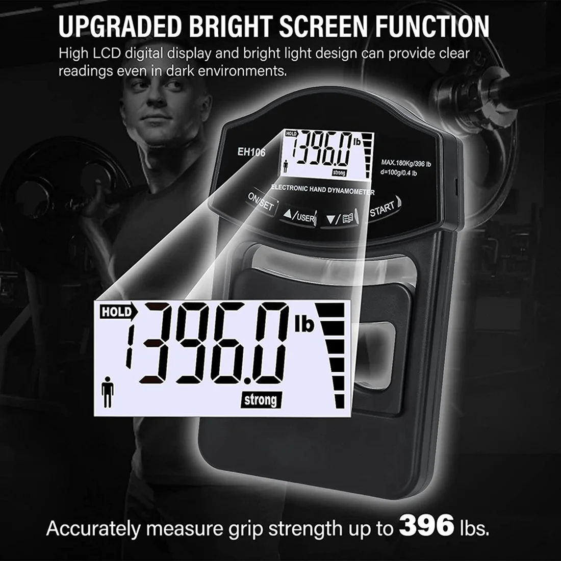 Greepsterktetester, 396 lbs/180 kg digitale handdynamometer Greepsterktemeter USB LCD-scherm Handgreepdynamometer