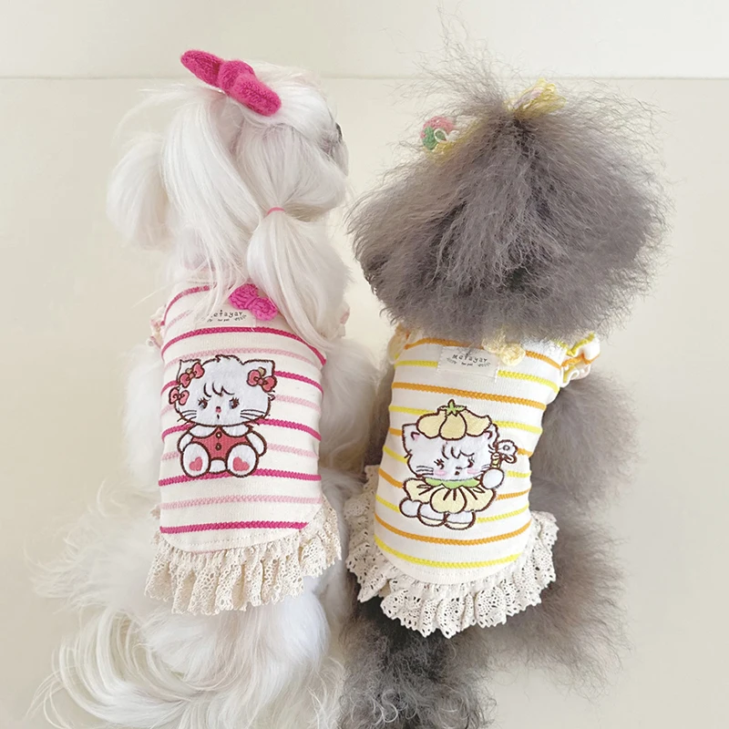 

Pet Dog Cats Clothes Cute Print Pink Yellow Stripe Cotton Dresses For Small Medium Dogs Chihuahua Poodle Puppy Skirt Clothing