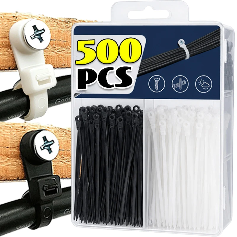 Nylon Cable Ties with Screw Hole Mounting Self Locking Loop Wrap Bundle Ties Strap DIY Office Cables Wire Fasten Loop Organizer