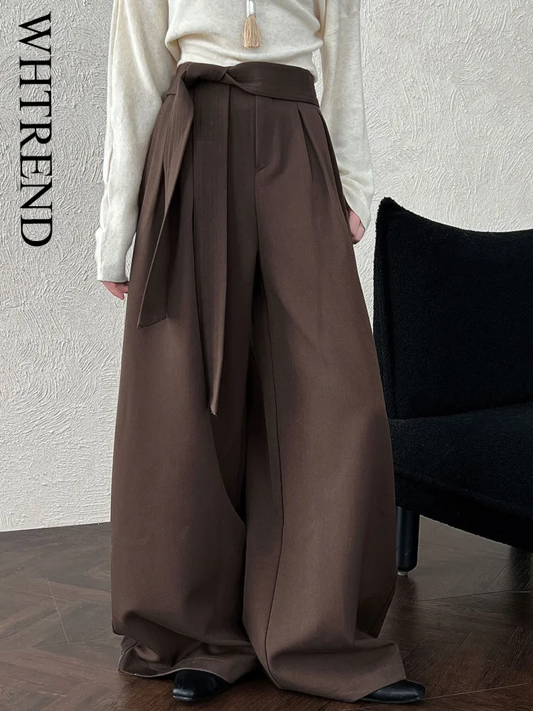 WHTREND Pantaloni a gamba larga tridimensionali con cinturino firmato per donna Autunno Nuovi pantaloni lunghi casual a gamba dritta WH1381