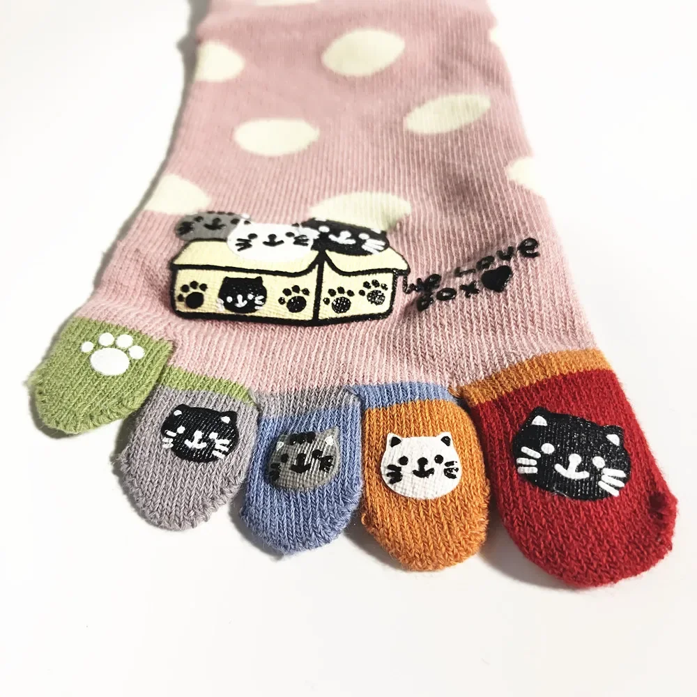 

5 Pairs Of Women Cotton Cartoon Polka Dot Five Finger Socks Female Toe Socks Set