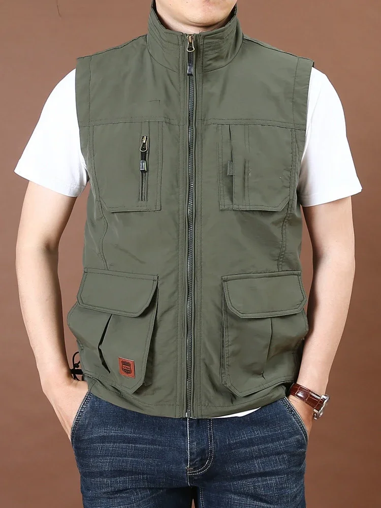 

Men's Thin Tooling Loose Quick Drying Vest Men's Outdoor Sports Coat Multi Pocket Stand Collar Vest Spring Camping Fishing Vest