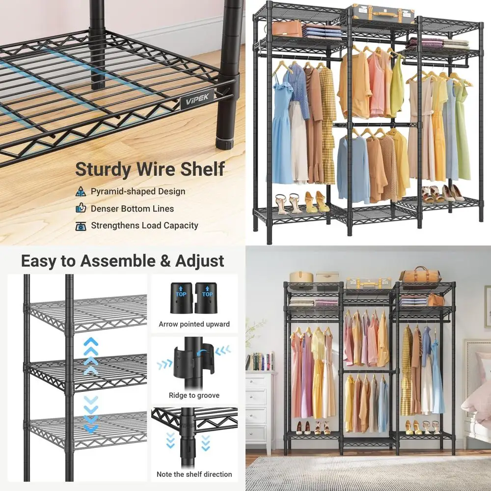 

Портативная усиленная вешалка для одежды с регулируемыми полками и перекладинами для хранения, органайзер для спальни и гардеробной, 56.7 x 15.7 x 76.4, черная