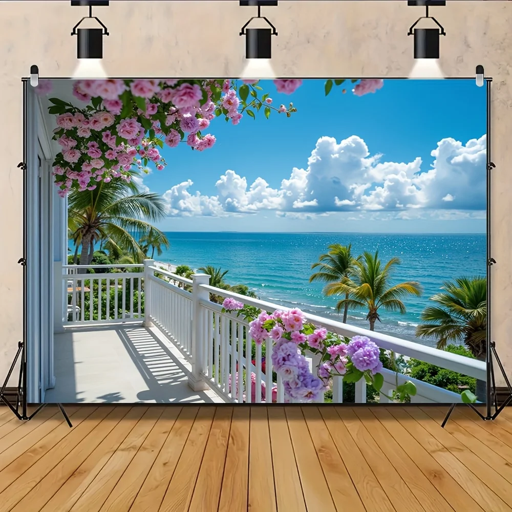 European Style Garden Balcony Sea View Tapestry | Polyester Wall Decor with Lush Floral and Ocean Scene | Multi-Use for Living