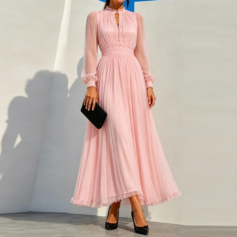 Trendy Solid Perspective Lantern Sleeve Dress Sexy Mesh Splice A-Line Dresses Elegant V-Neck High Waisted Banquet Evening Dress