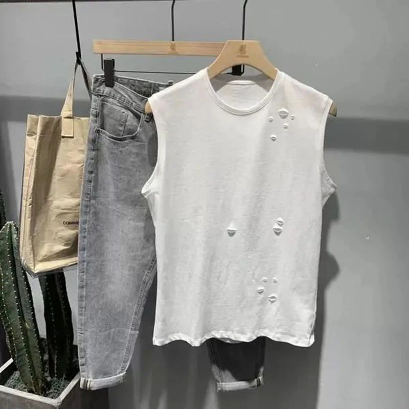 100% Cotton Shrug Sleeveless Ripped Hole Men Tank Top Korean High Street Fashion Trend 2xl Oversized T Shirt Hip Hop Streetwear