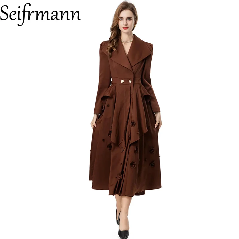 

Seifrmann 2026 Летнее женское модное пальто с отложным воротником, длинными рукавами, объемными цветами и поясом для подчеркивания талии