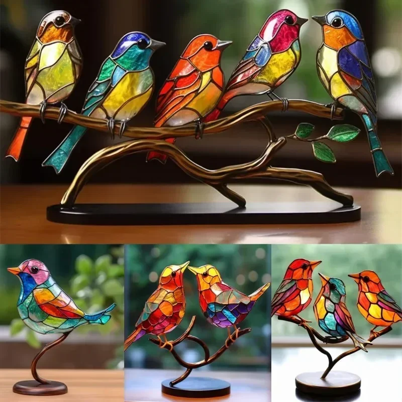 

Custom Stained Glass Birds On Branch Desktop Ornaments Double Sided Multicolor Birds Alloy Ornaments Bird Series Acrylic Decorat