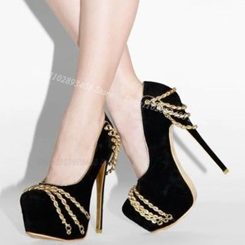 Black Chain Decor Flock Pumps Round Toe Thin High Heels Solid Shallow Women Shoes Elegant Party Pumps 2024 Zapatos Para Mujere