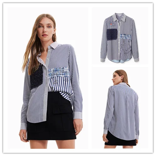 

Foreign trade original single Spanish new striped splicing printed medium long women's shirt