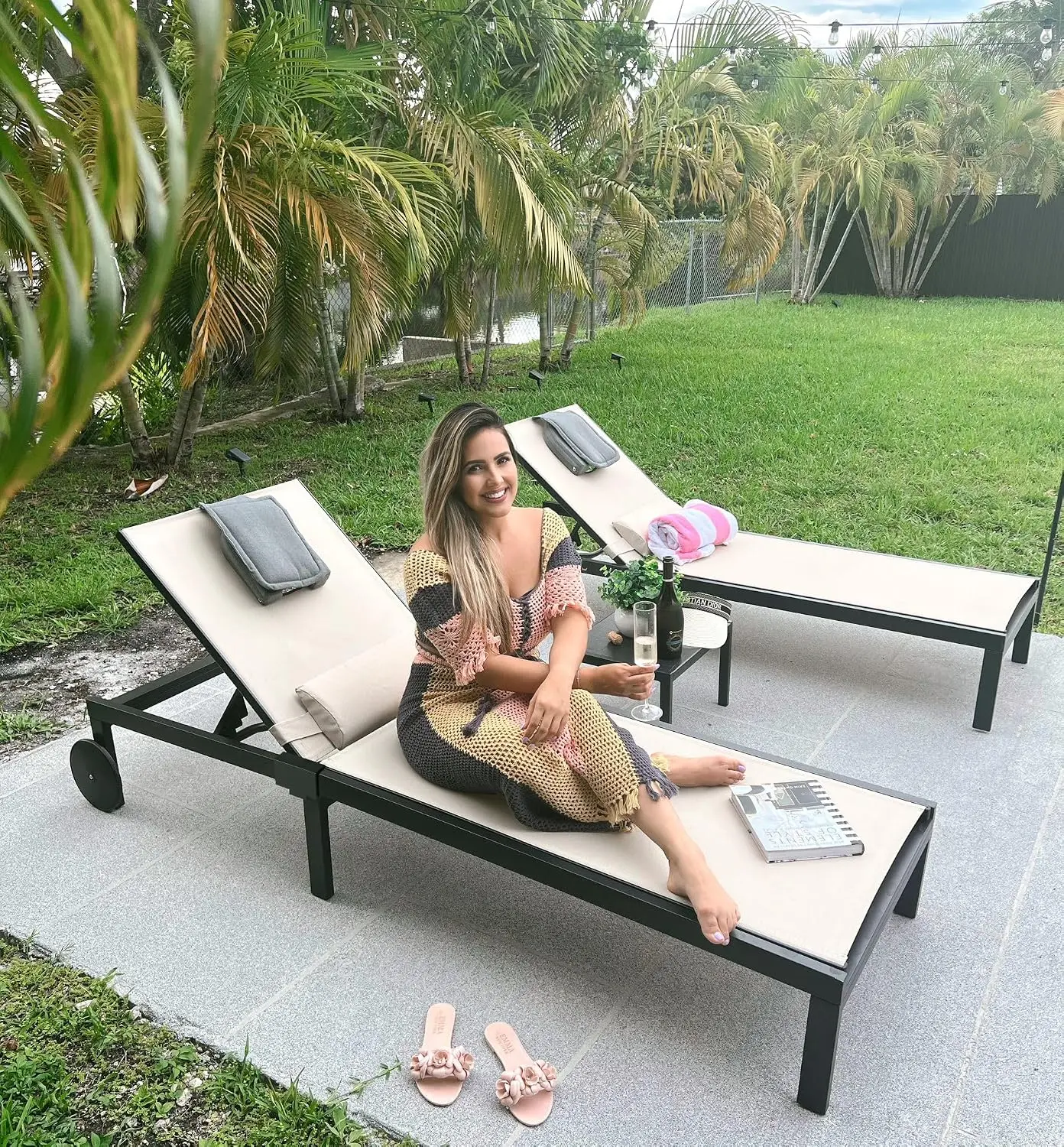 Outdoor Tanning Lounge Chair Set with Face Hole, Wheels, Beige | Face-down Pillow and Headrest Enjoy Sunbathing, 6, Customized