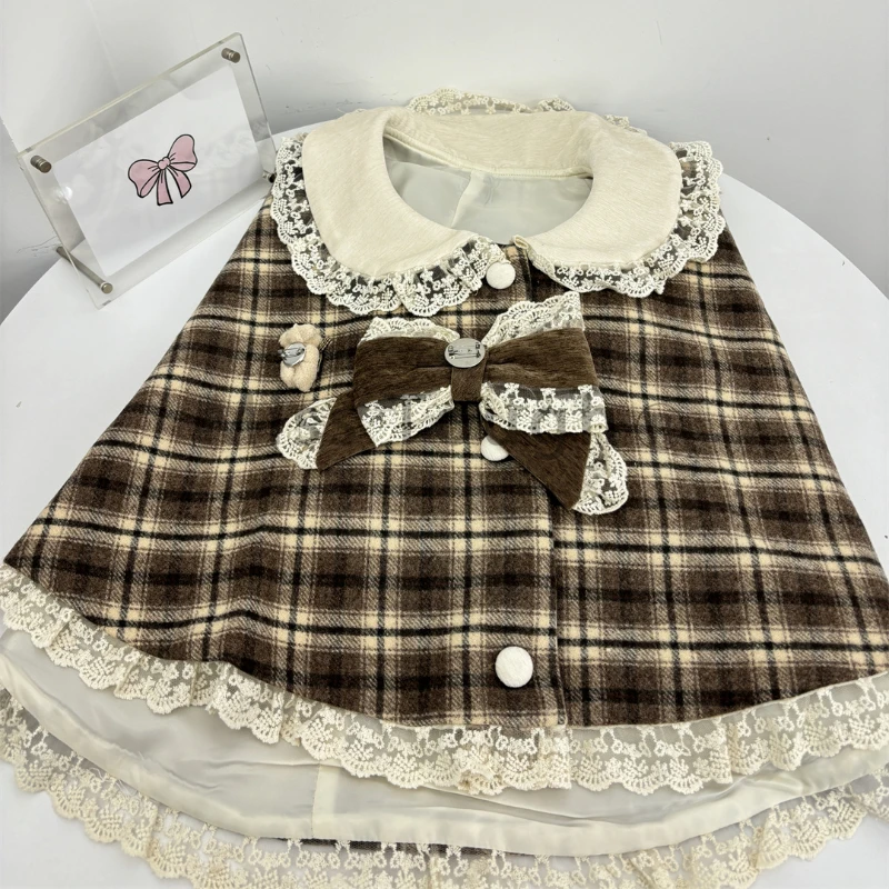 Vintage Plaid Sweet Lolita 3 Piece Set Winter Woman Harajuku Cute Bow Cloak +Slim Chic Blouse +Design Slip Dress Y2k Outfits New
