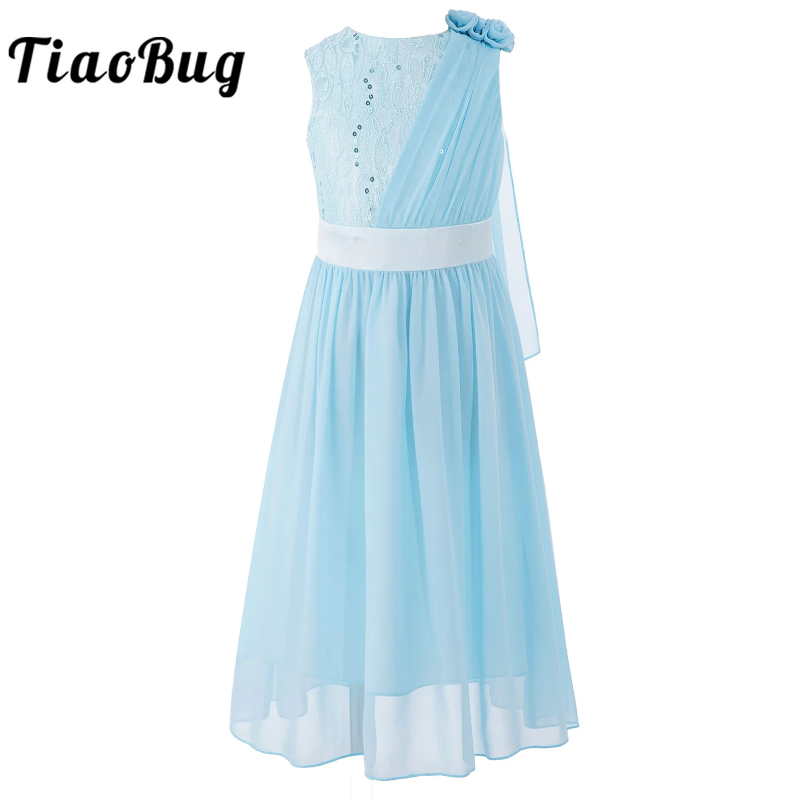 

Flower Girl Wedding Dress Kids 3D Flower Shiny Sequins Lace Sleeveless Chiffon Princess Party Dress Children Wedding Costume