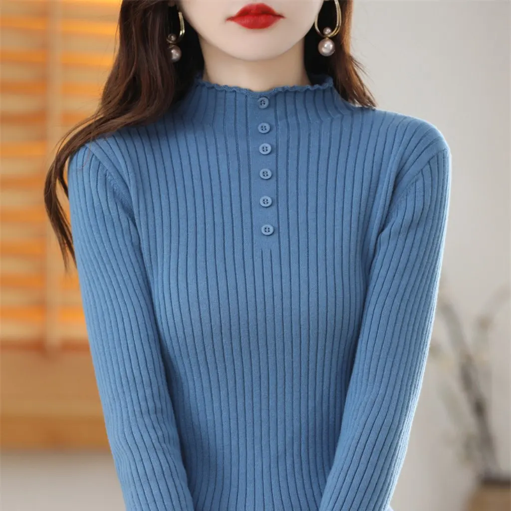 スリムフィットの女性用ベースセーター、ドローストリング付きコットンラインハーフタートルネックデザイン、秋と冬用の新しいインナーシャツ