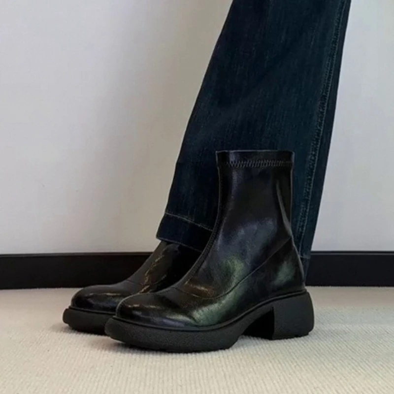 

Женские ботинки, эластичные ботинки на молнии во французском стиле, винтажные туфли с круглым носком и короткими бочонками на массивном каблуке, уличные зимние женские ботинки