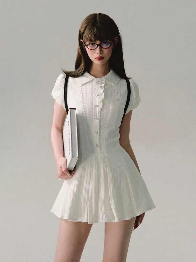 

QWEEK Coquette Y2k Kawaii White Mini Dress Sweet Girls Preppy Style School Student Puff Sleeve Short Dresses 2024 Fashion Summer