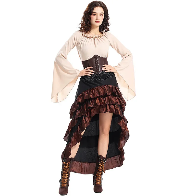 Fashionable Halloween Literary Front Short Back Long with Lotus Leaf Hem Long Dress. Medieval Costume Pirate Style Corset Skirt view 4