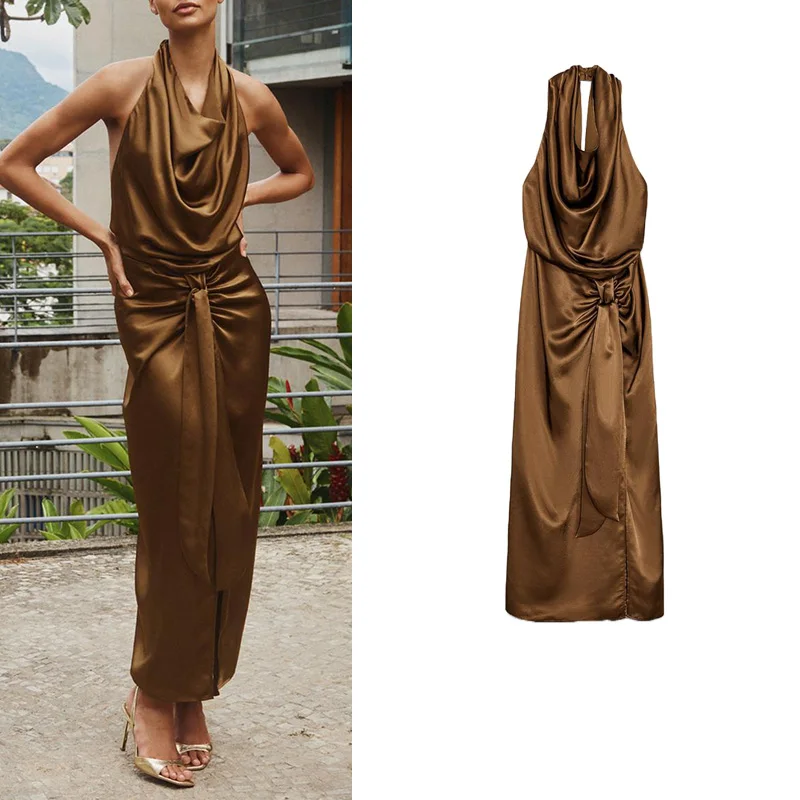 Ele High Waist Silk Satin Bal Midi Dr Summer New Women's Faion Hanging Collar Gown Svel Long Skirt