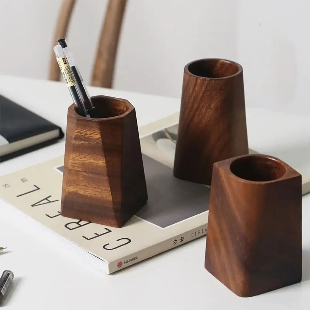 Vintage Walnut Wood Pen Holder Minimalist Large-capacity Storage Pencil Box Multifunctional Makeup Brush Holder