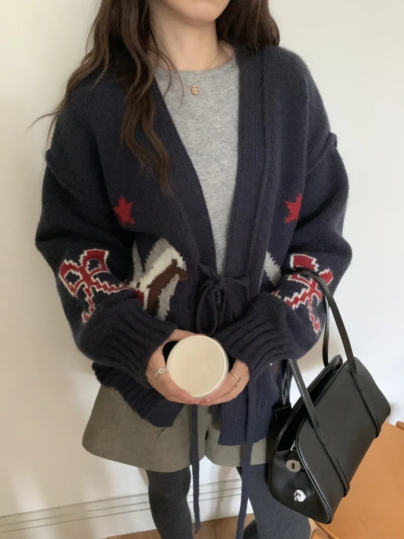 Retro Farbe Blo Strickjacke Mantel frauen Herbst Winter Neue Faul Sle Lose Vielseitig Pullover Mit Gürtel Offenen Sle