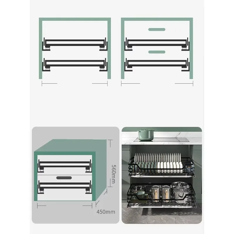 DS945 Stainless Steel Slide Out Double Rack Kitchen Chrome Cabinet Drawer Basket Kitchen Pull Out Cabinet Organizer Tray Dish Dr