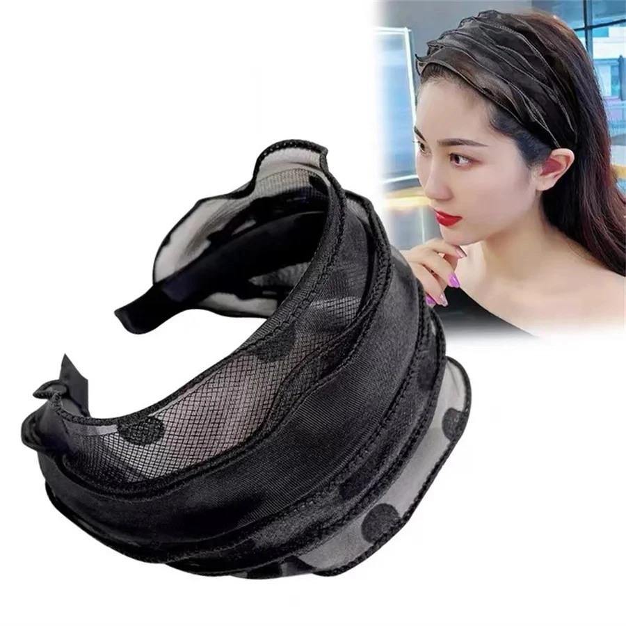 Hot sales New fashion retro printed wave headband women\'s lace mesh bow wide-brimmed hairband hairpin hair accessories gift