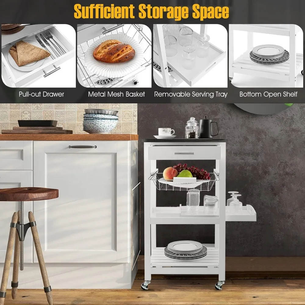 عربة مطبخ خشبية بيضاء مكونة من 4 طبقات مع عجلات ودرج، عربة أدوات دوارة لاستخدام القهوة وجزيرة المطبخ