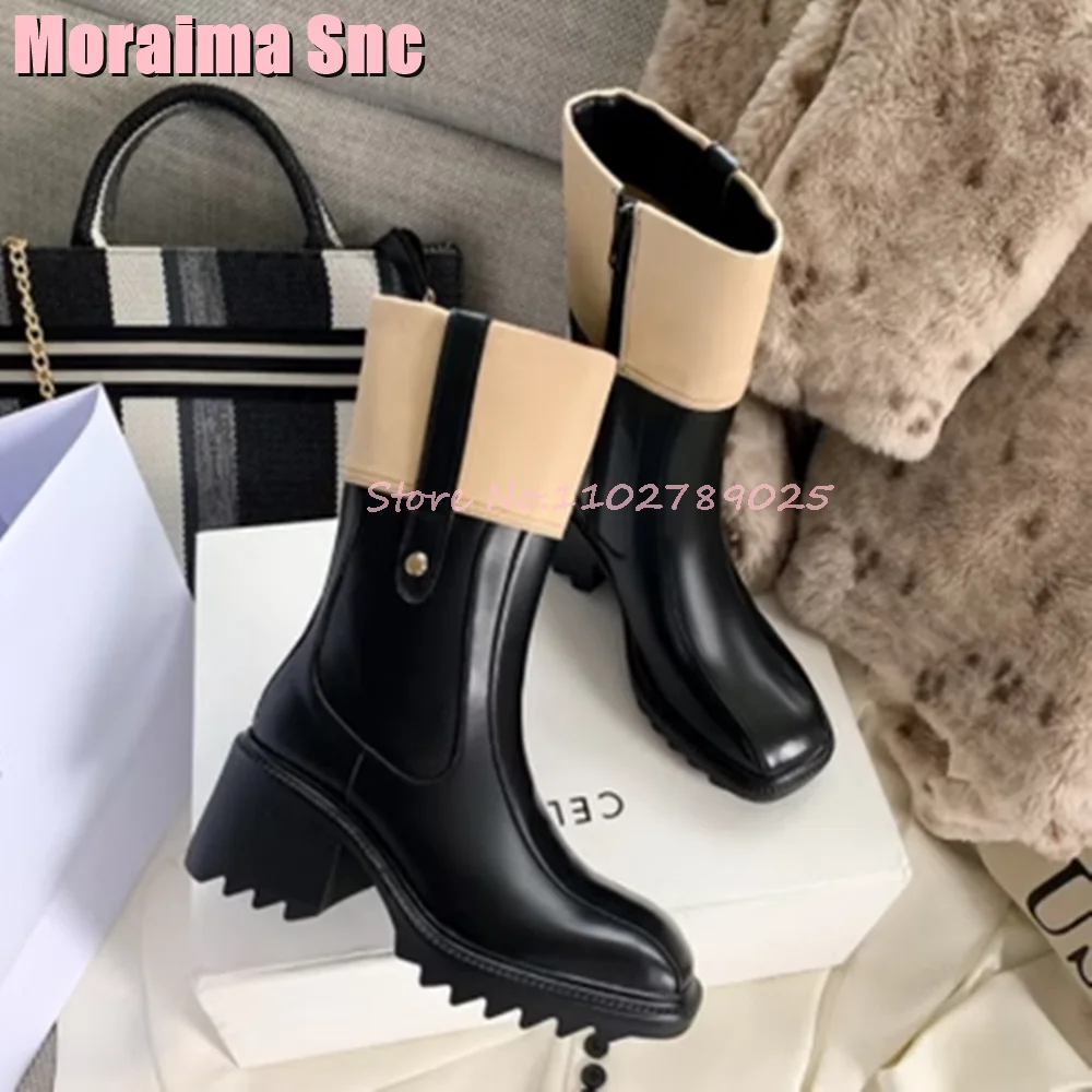 Mixed Colors Square Toe Ankle Boots Block Chunky Heel Metal Button Side Zipper Sexy Fashion Women Autumn Winter Boots Brown 2023