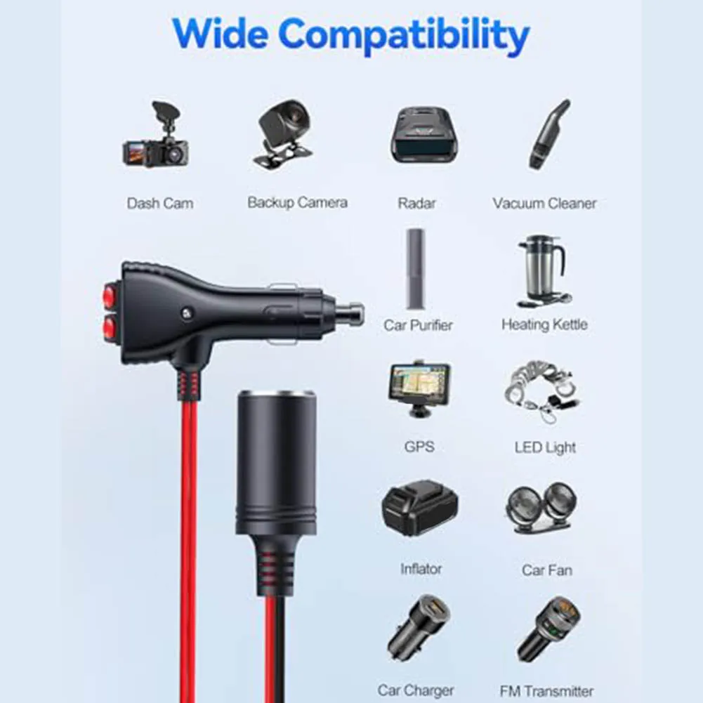 12V Dual Output Car Power Socket with Switch Control and 10A Fuse Protection 16AWG Wiring for Vehicle Accessories