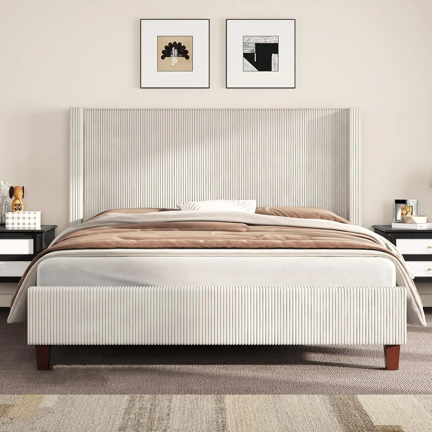 Queen Size Upholstered Bed Frame with Headboard, Wingback Platform Bed with Solid Wood Legs