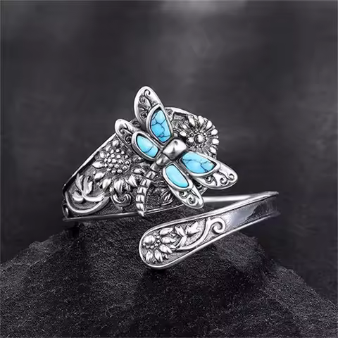 Vintage Flower Ring 925 Sterling Silver Dragonfly Blue Opal Open Adjustable Rings for Women Party Wedding Jewelry Gifts New