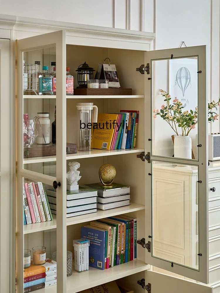 

cqyAmerican-Style Solid Wood Bookcase Small Apartment Storage Cabinet White Modern Simple Storage Display Cabinet Study Home