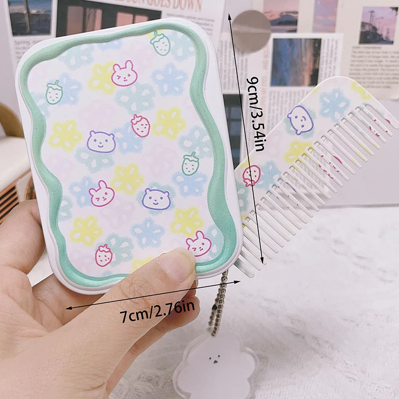 귀여운 만화 작은 곰 접이식 클램셸 거울, 메이크업 거울, 빗 포함, 휴대용 크리에이티브, 여자 핸드헬드 거울
