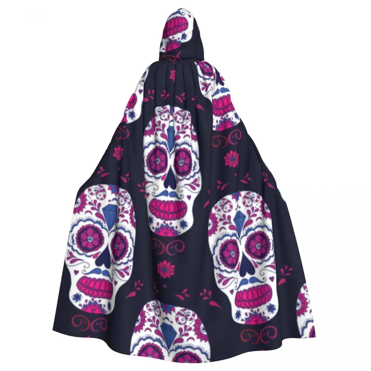 

Adult Halloween Colorful Sugar Skull With Floral Cape Hooded Medieval Costume Full Length Dress Coat