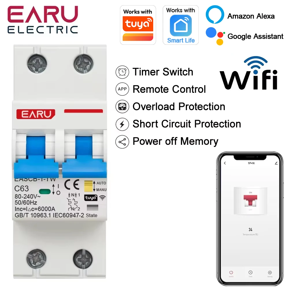 EARU 2P Tuya WiFi Smart MCB Circuit Breaker Current Voltage kWh Power Energy Meter Protector Remote Control Timer Relay Switch