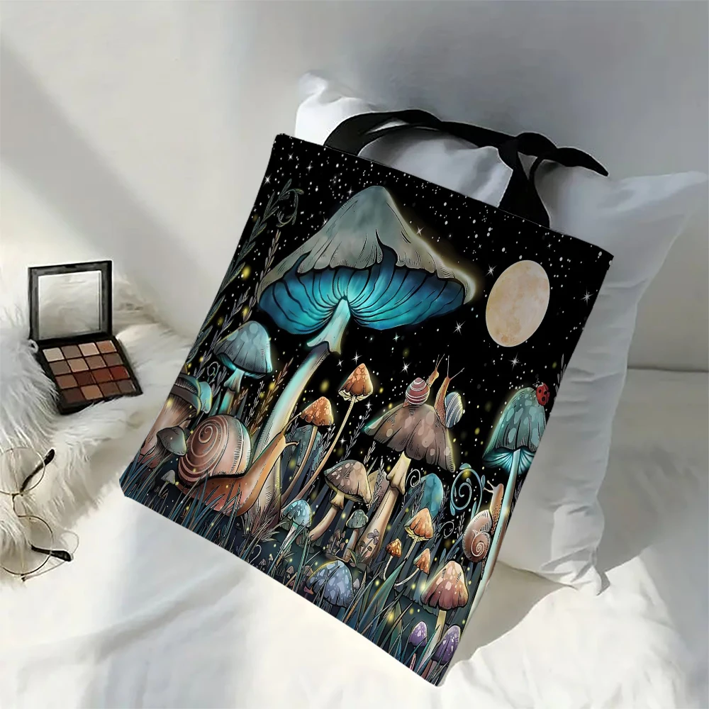 Fashion Mushroom Tote Bags Cartoon Pattern With Ethnic Trim Design Bags Fantasy Forest Plants Shopping Bag Casual Handbag