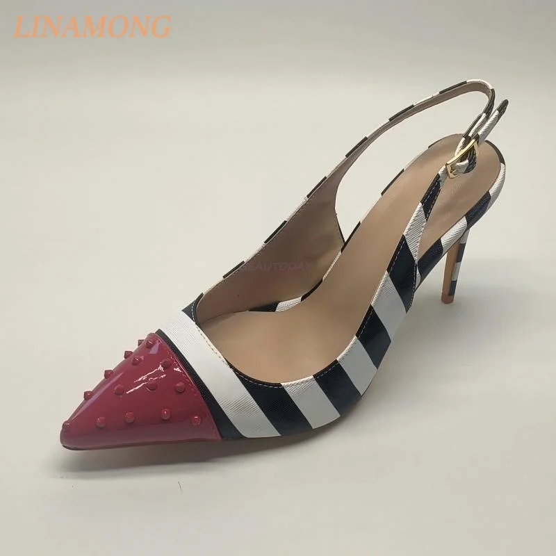 Women Pointed Tip Slingback Heels Red Spike Embellishment Slim Stilettos Black White Striped Surface Adjustable Buckle Pumps