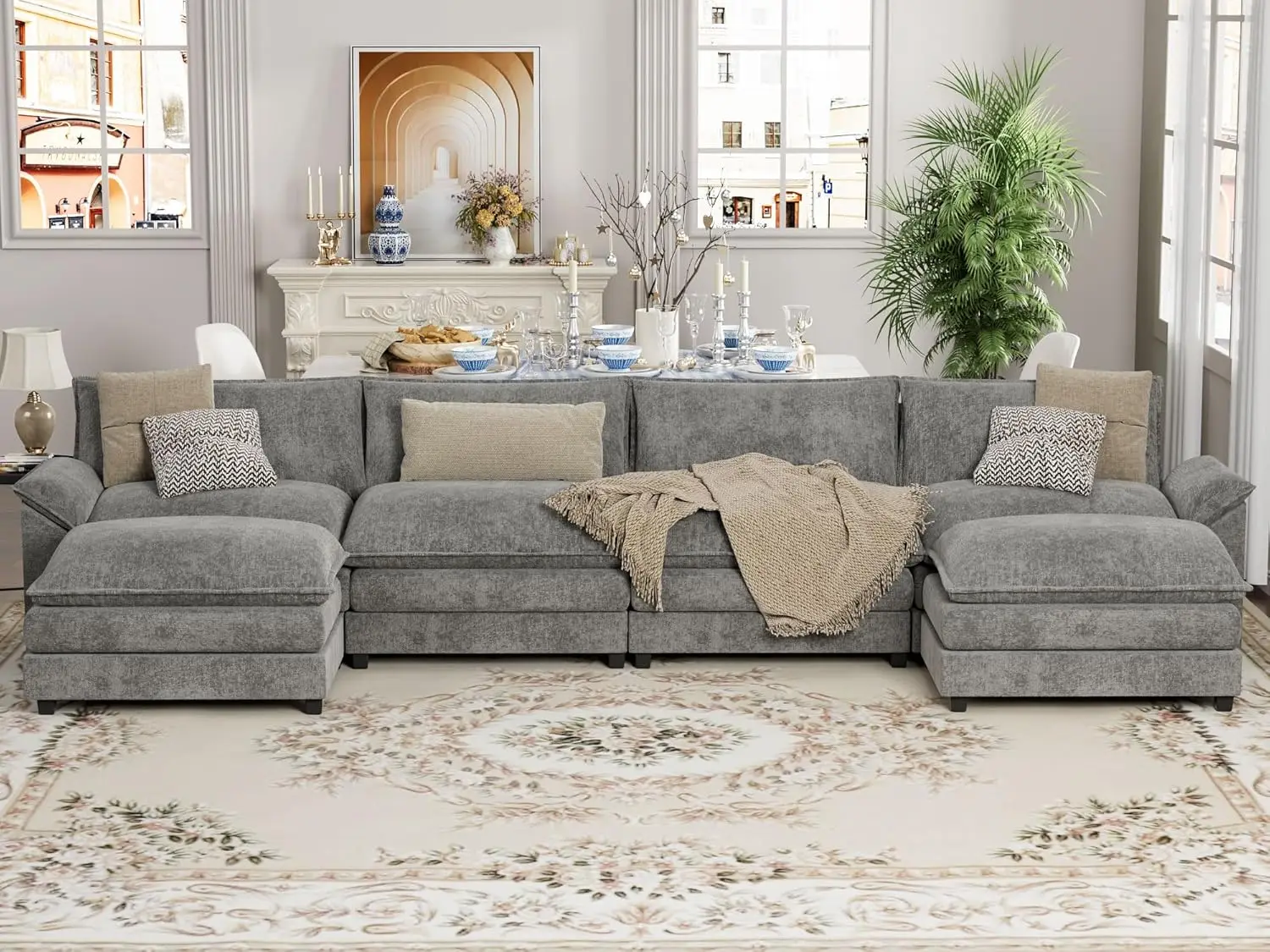 

U Shaped Chenille Fabric Sectional Sofa with Removable Ottoman, High Support & Soft Sponges, Grey